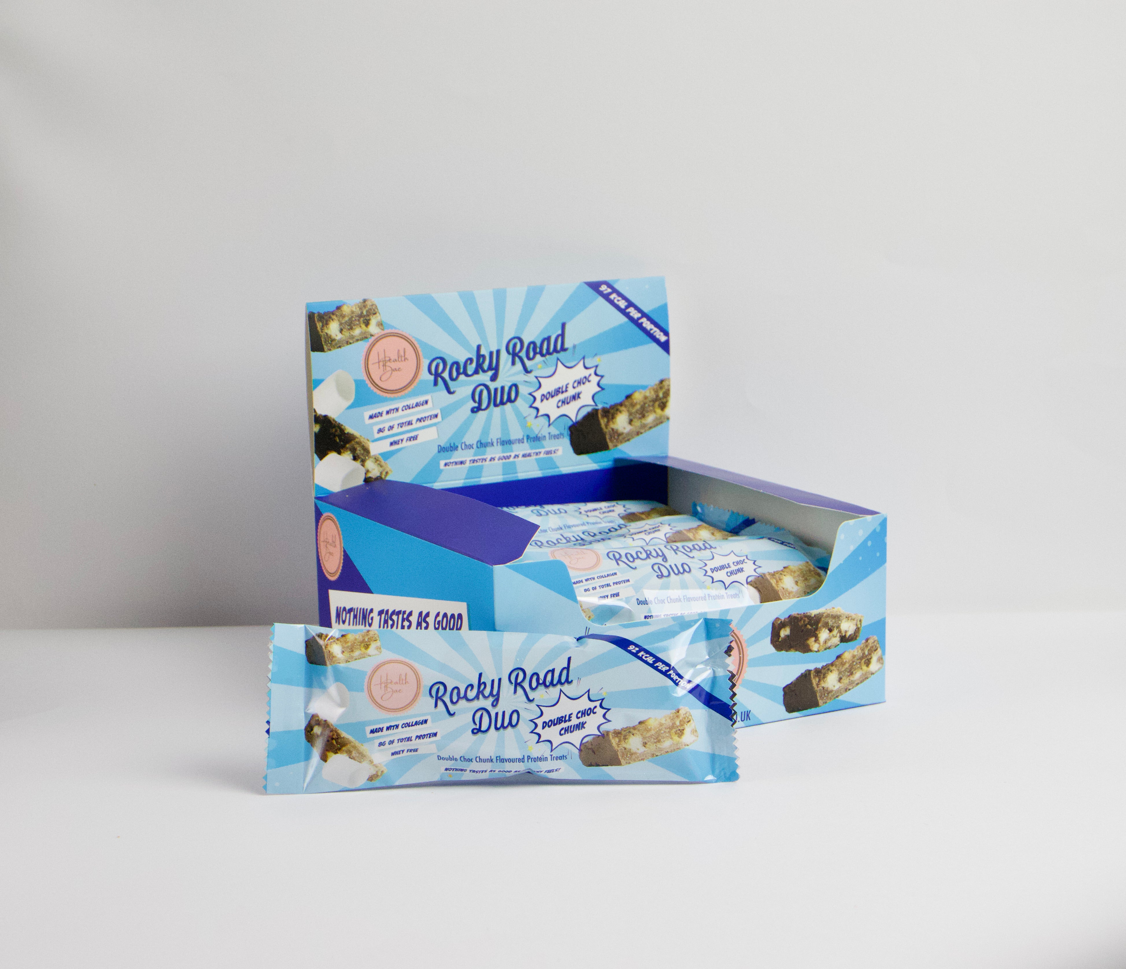 Double Choc Protein flavoured Rocky Road Duo Bars, made with collagen