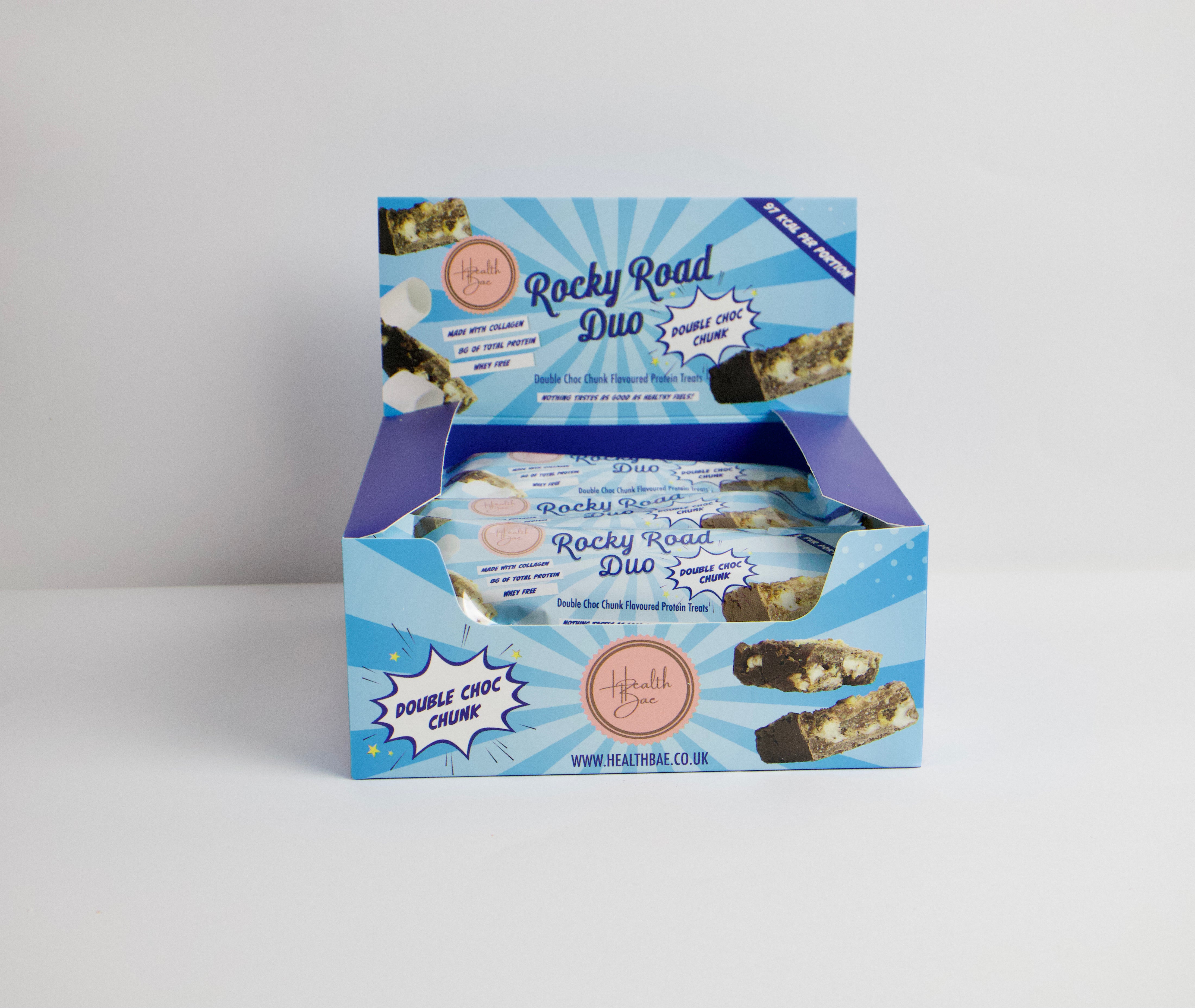 Double Choc Protein flavoured Rocky Road Duo Bars, made with collagen