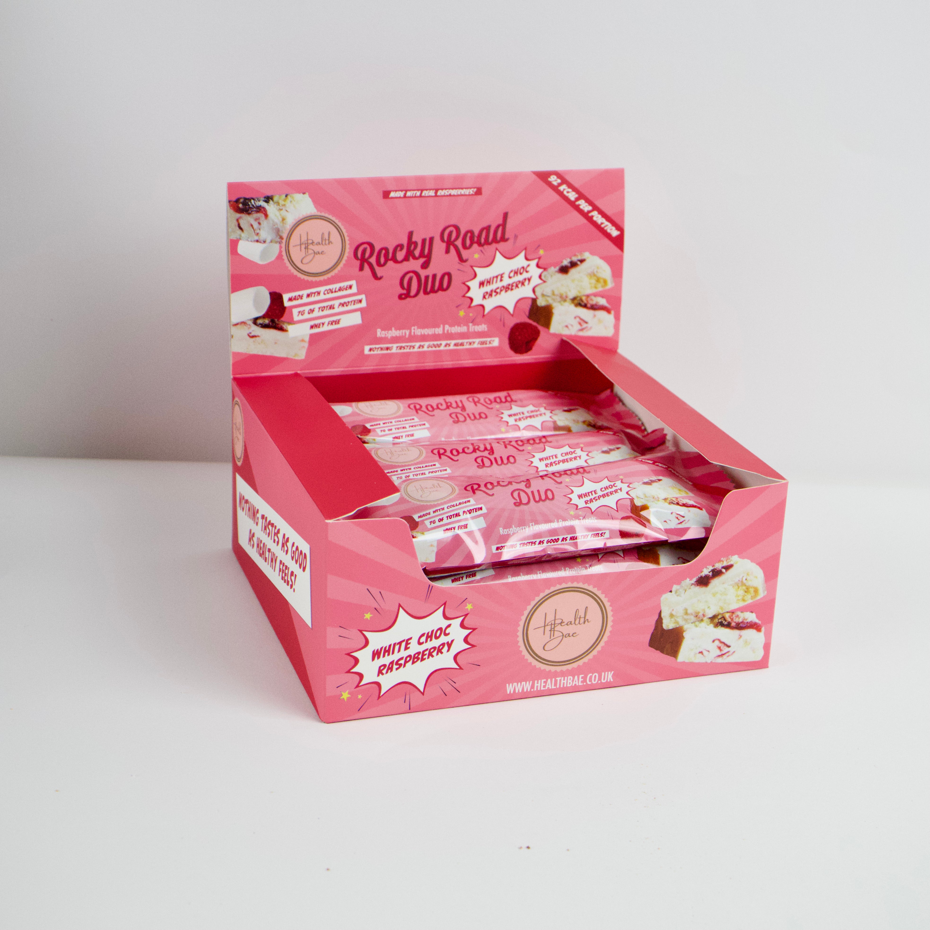 White Chocolate Raspberry flavoured Rocky Road Duo Bars, made with collagen