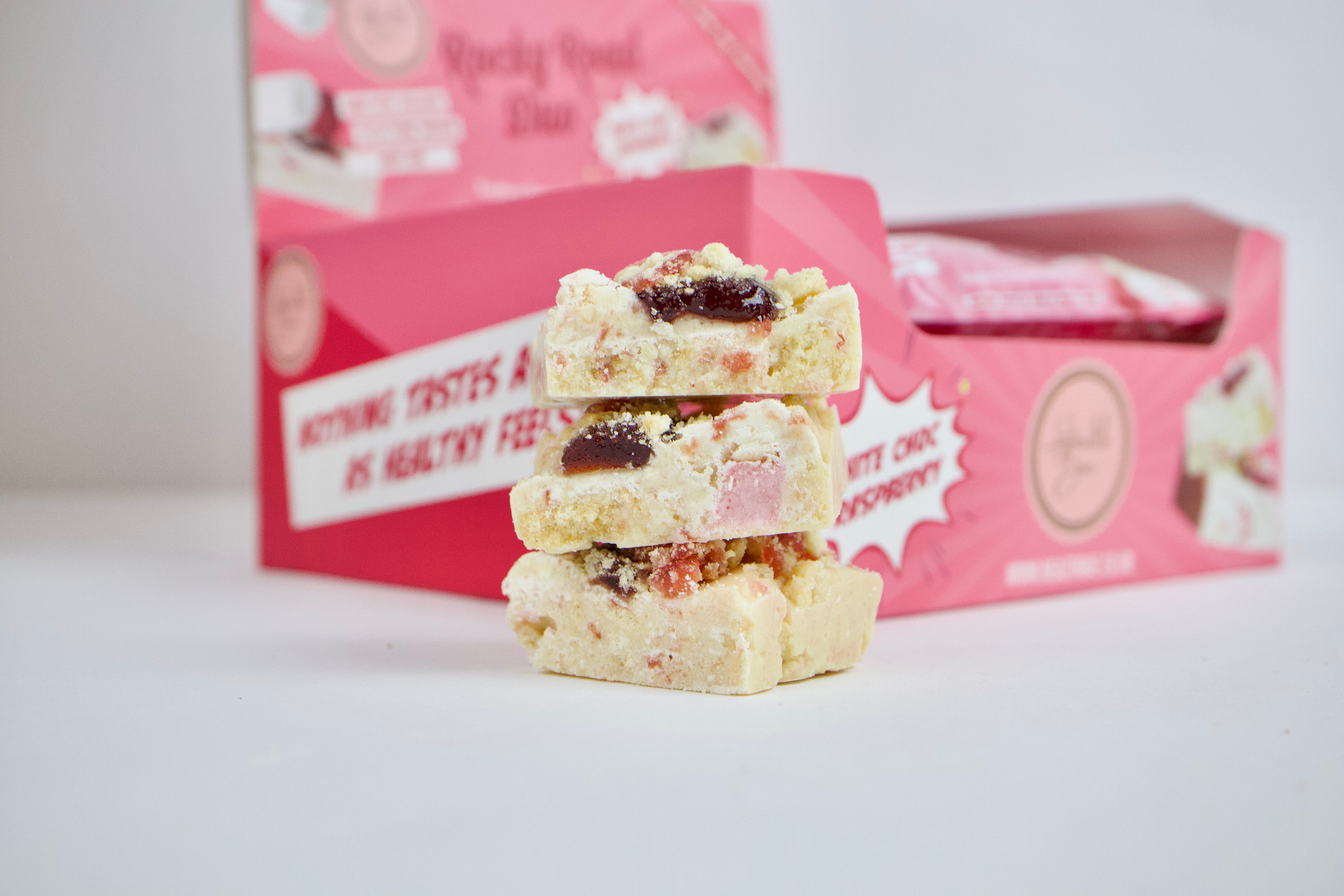 White Chocolate Raspberry flavoured Rocky Road Duo Bars, made with collagen