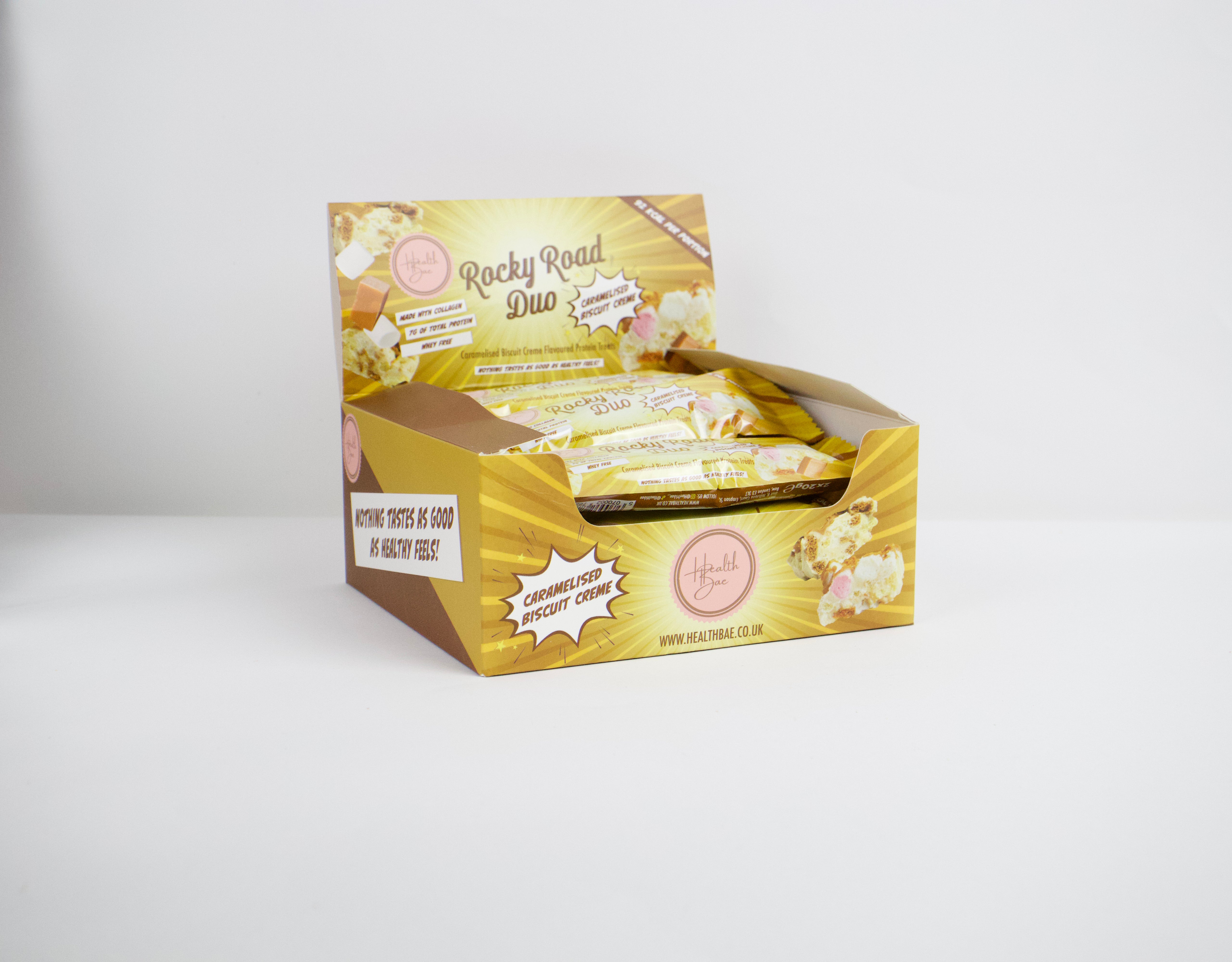 Caramelised Biscuit creme flavoured Rocky Road Duo Bars, made with collagen