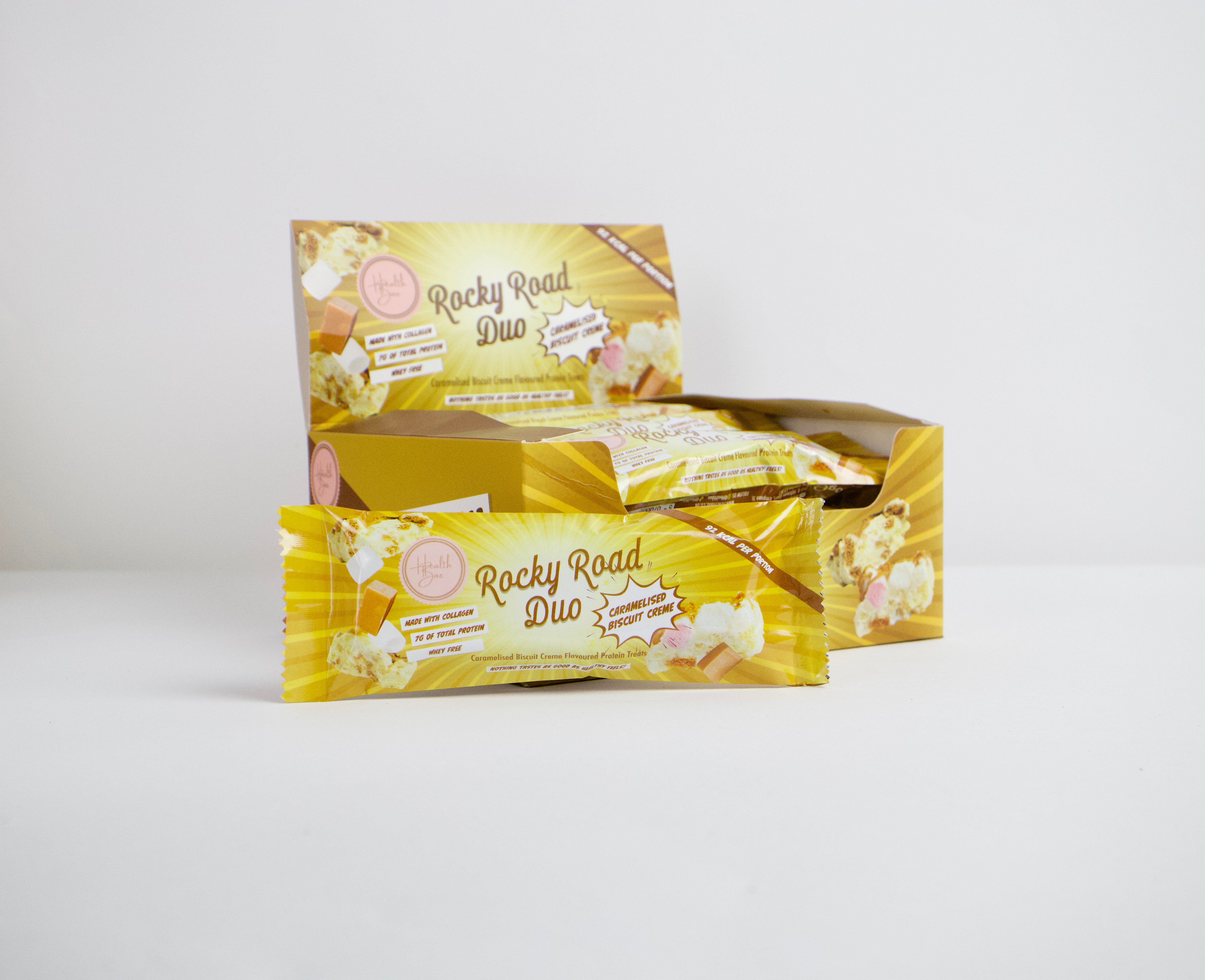 Caramelised Biscuit creme flavoured Rocky Road Duo Bars, made with collagen