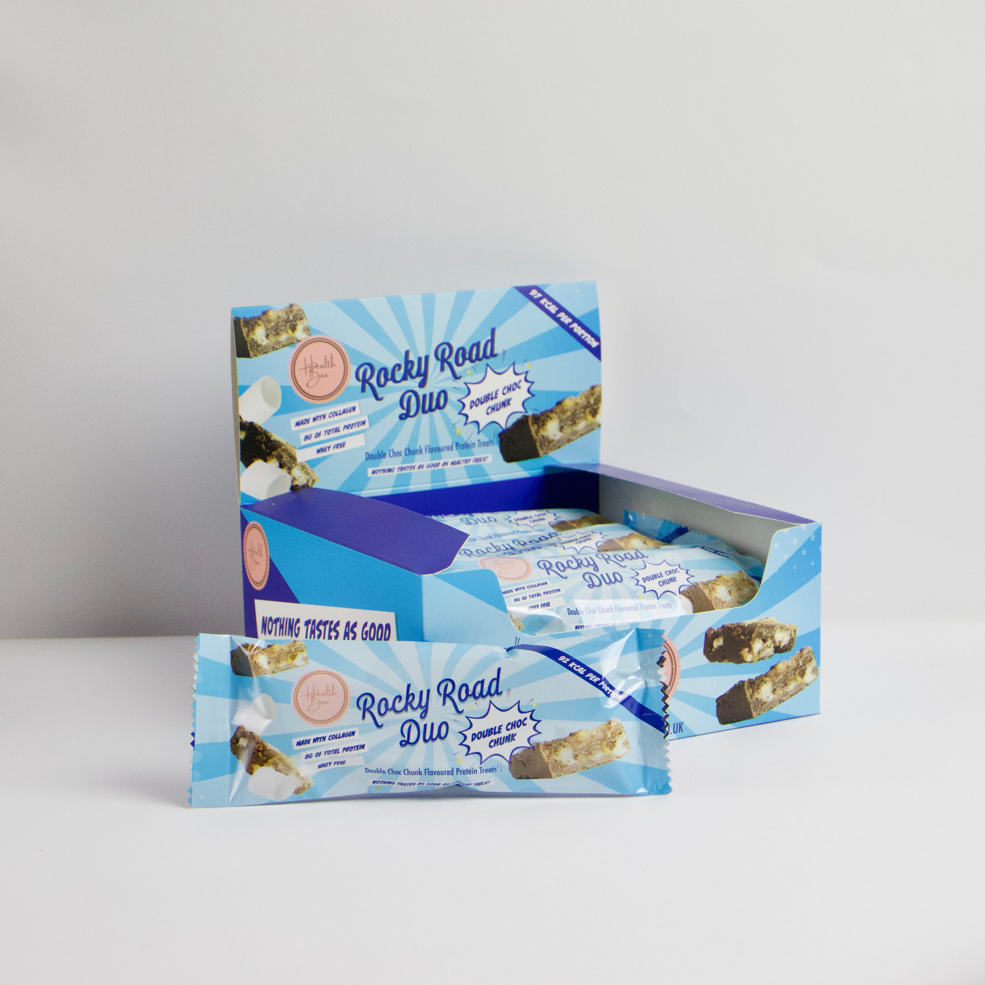 Double Choc Protein flavoured Rocky Road Duo Bars, made with collagen