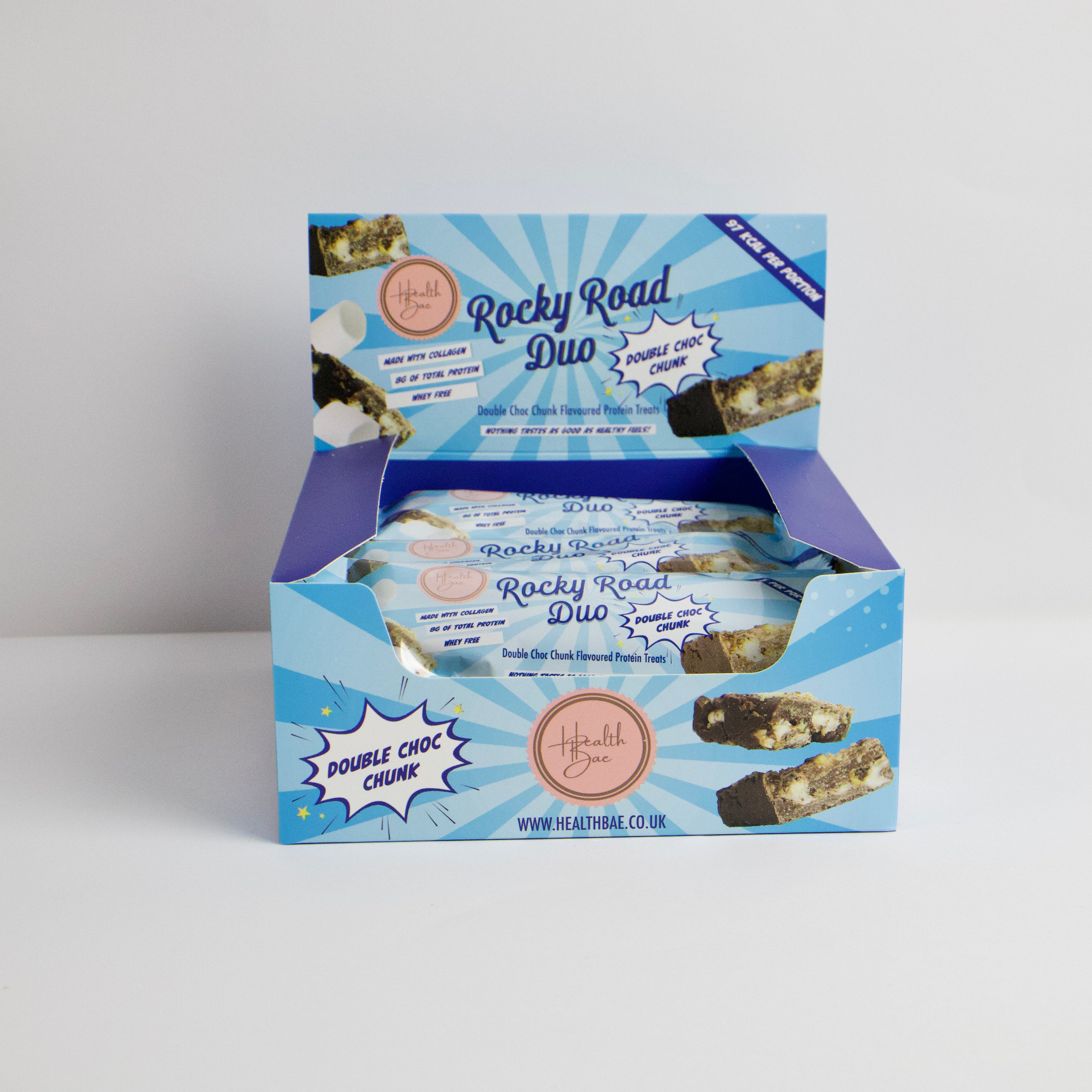 Double Choc Protein flavoured Rocky Road Duo Bars, made with collagen