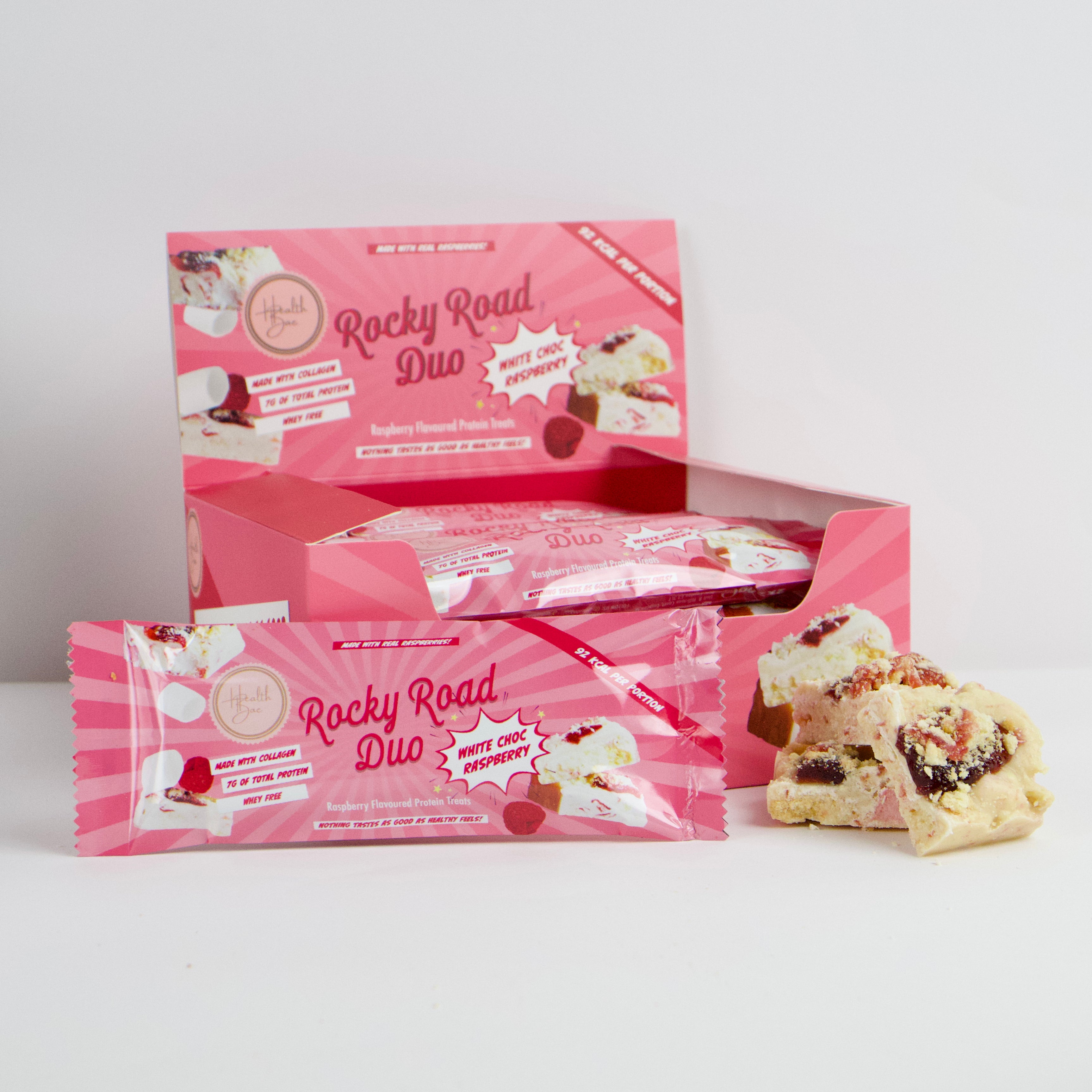 White Chocolate Raspberry flavoured Rocky Road Duo Bars, made with collagen