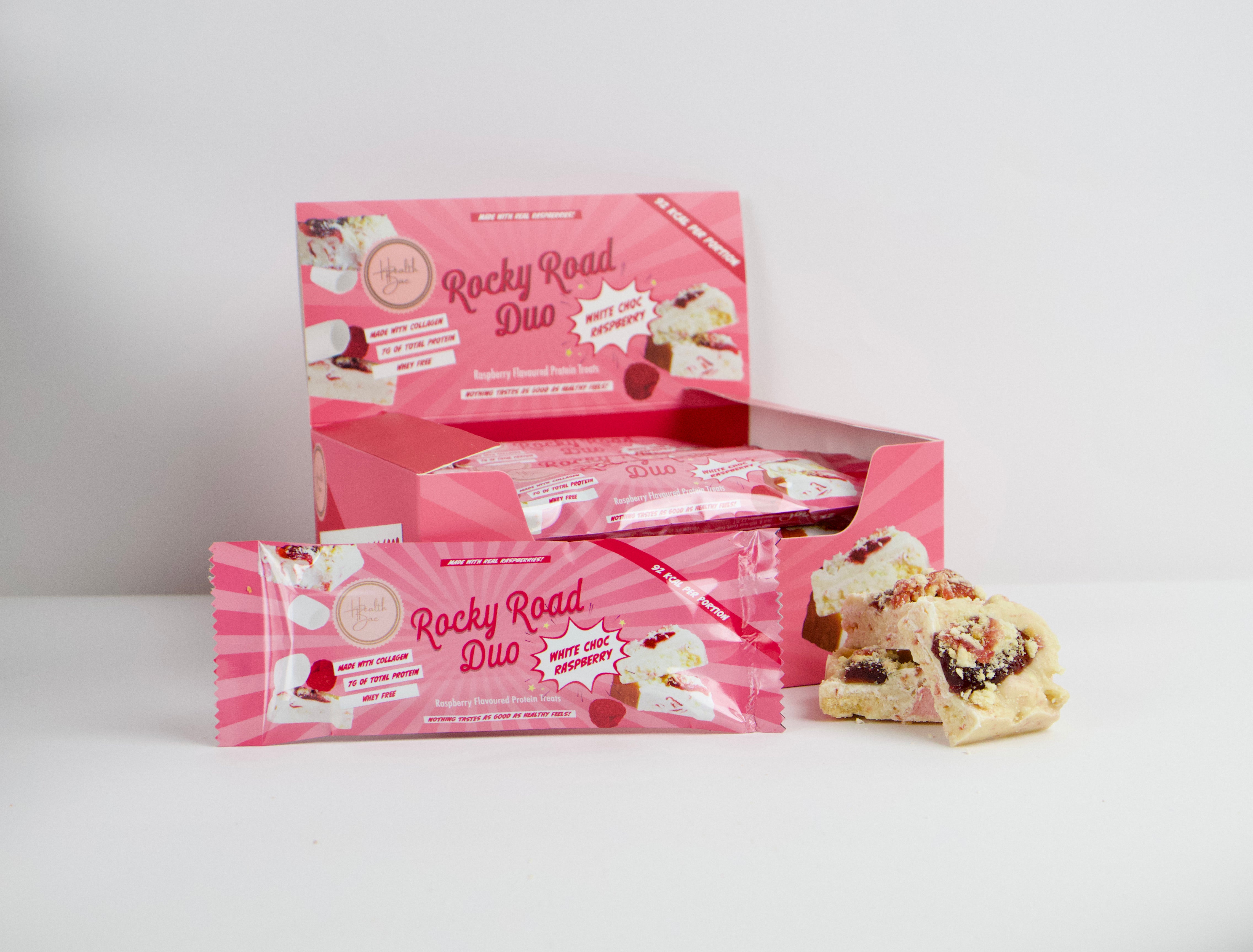 White Chocolate Raspberry flavoured Rocky Road Duo Bars, made with collagen