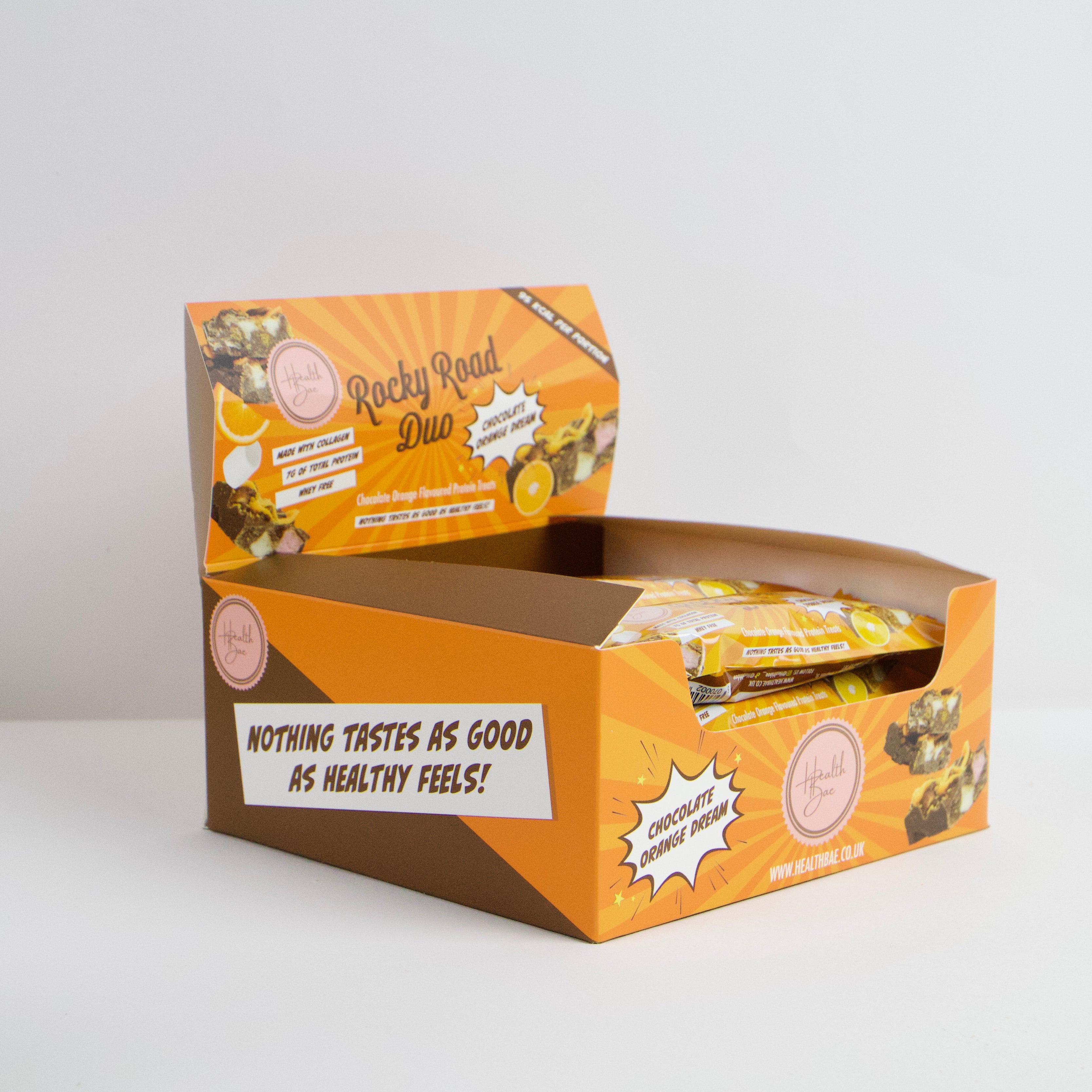 Chocolate Orange Dream flavoured Rocky Road Duo Bars, made with collagen