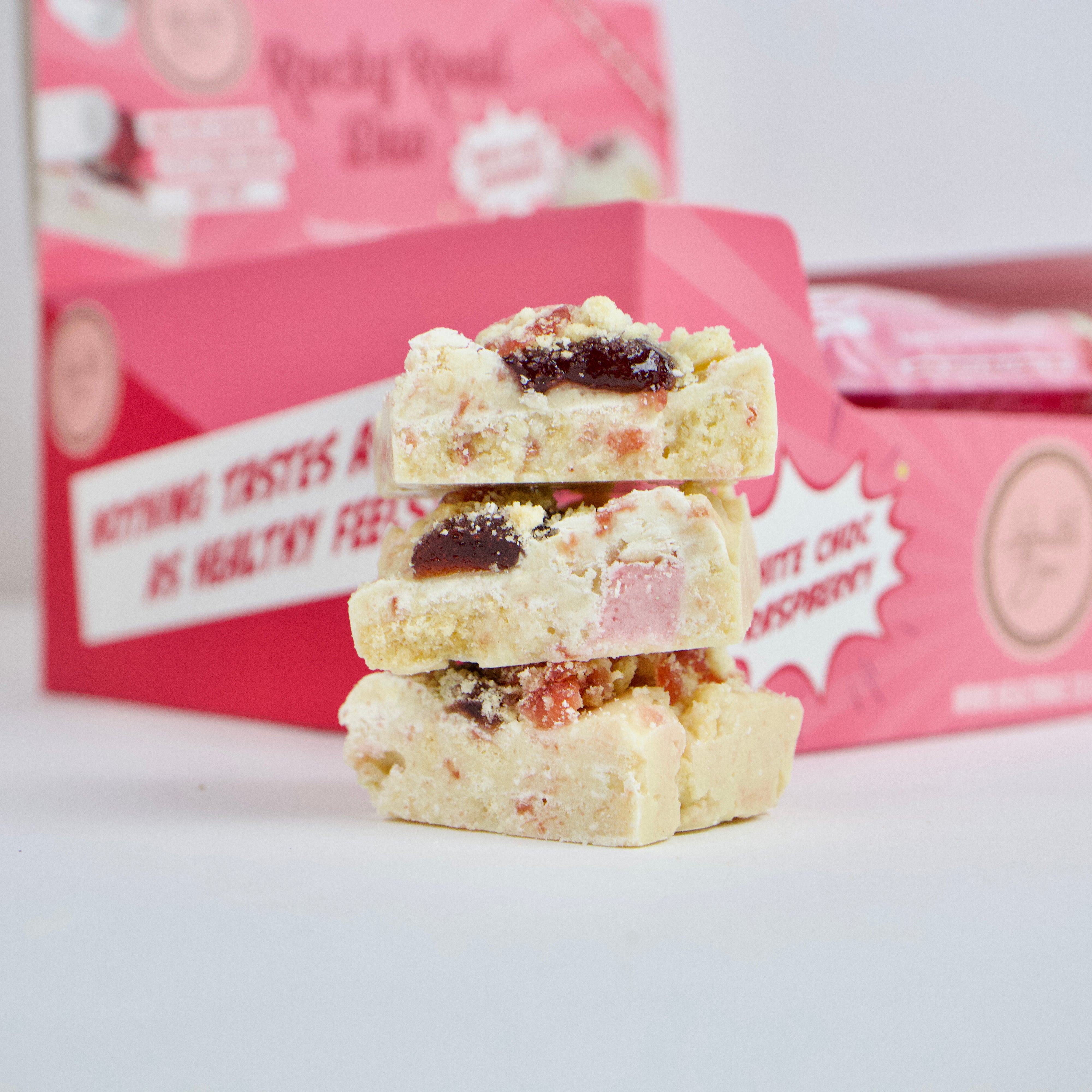 White Chocolate Raspberry flavoured Rocky Road Duo Bars, made with collagen