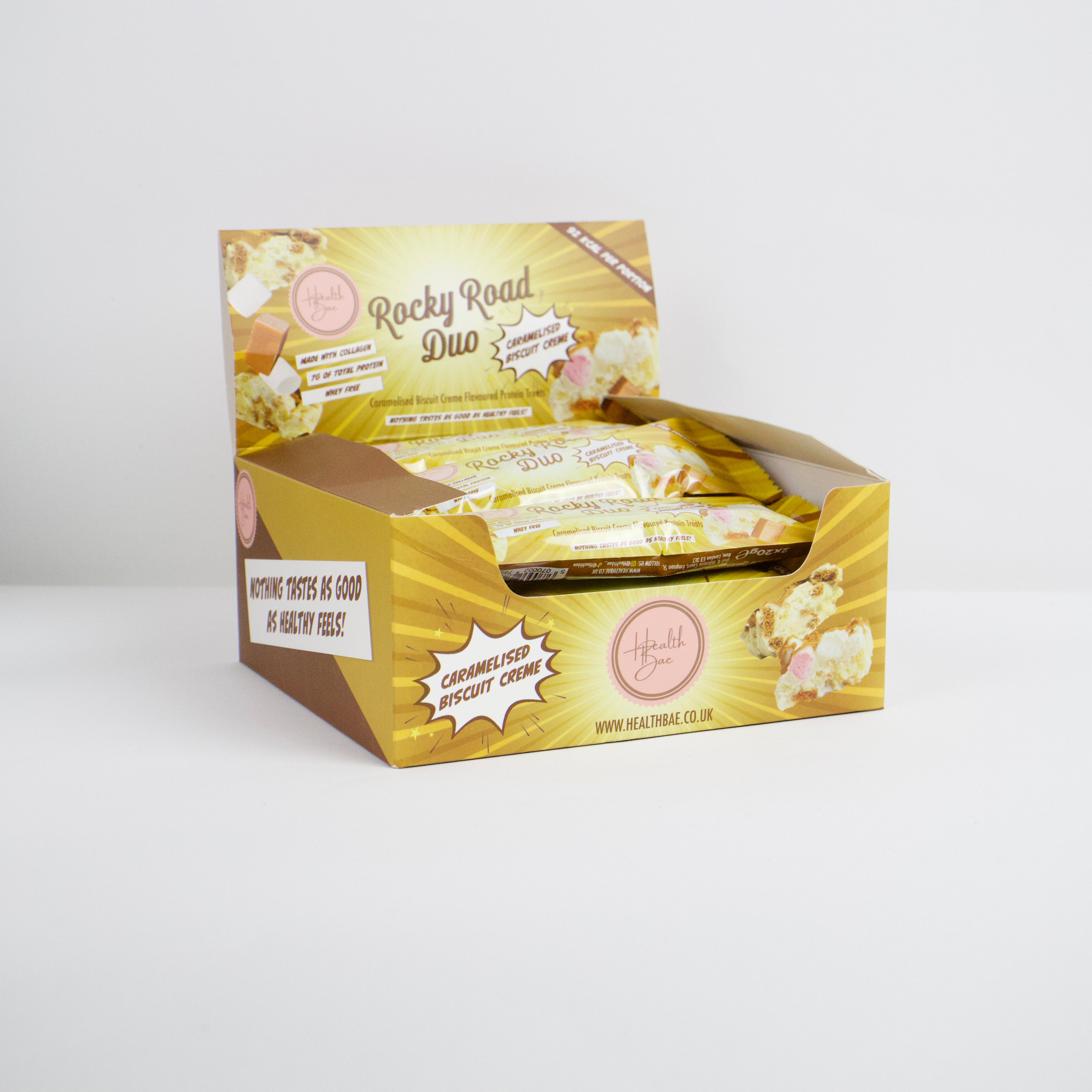 Caramelised Biscuit creme flavoured Rocky Road Duo Bars, made with collagen