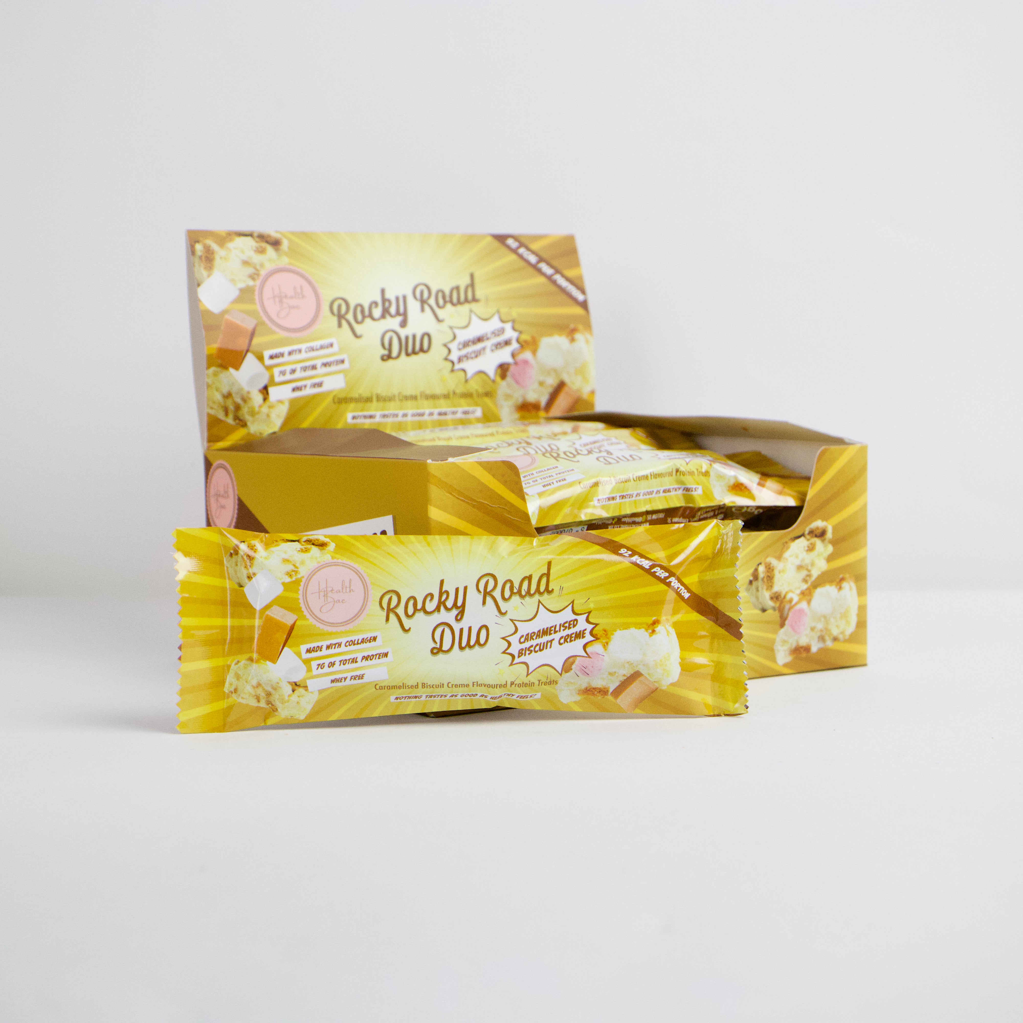 Caramelised Biscuit creme flavoured Rocky Road Duo Bars, made with collagen